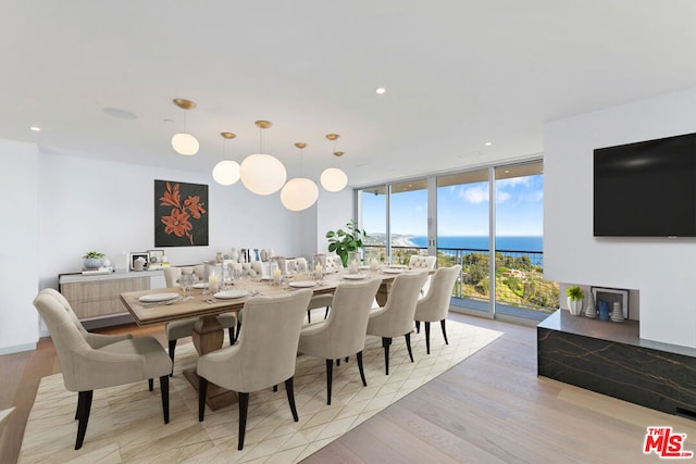 dining space featuring light hardwood / wood-style flooring and a wall of windows