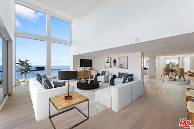 living room featuring a high ceiling and light hardwood / wood-style flooring