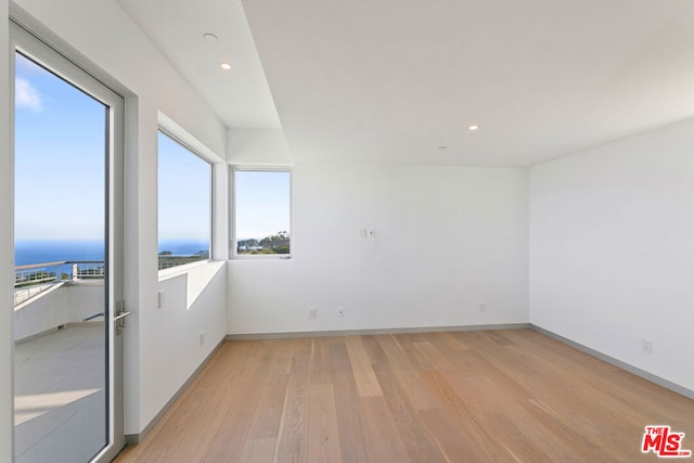 empty room featuring a water view, light hardwood / wood-style flooring, and plenty of natural light