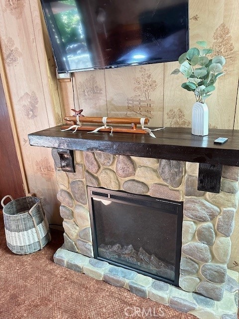 details with wooden walls, a fireplace, and carpet flooring