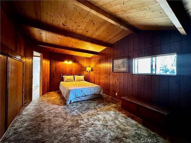 carpeted bedroom featuring wood ceiling, lofted ceiling with beams, and wood walls