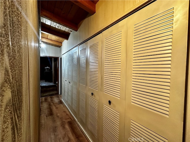 hall with lofted ceiling with beams, wooden walls, wooden ceiling, and dark hardwood / wood-style floors