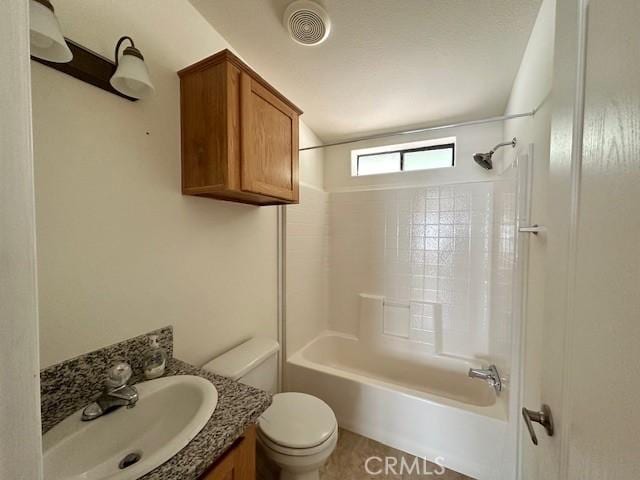41501 Island Dr, Forest Falls, CA 92339 - bathroom featuring tub / shower combination, visible vents, toilet, and vanity