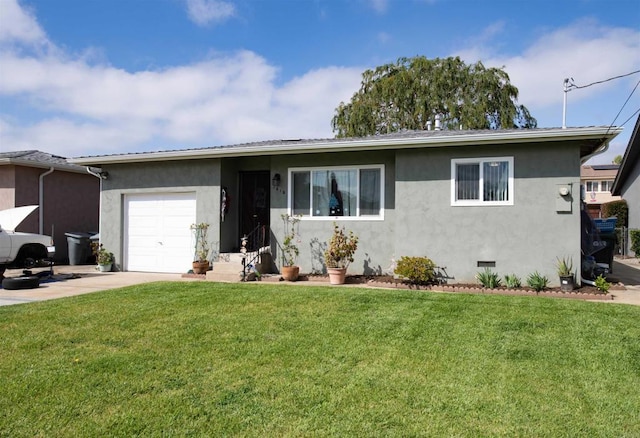 single story home featuring a front lawn and a garage