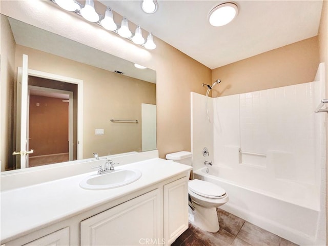 bathroom with tile patterned flooring, vanity, toilet, shower / bath combination, and visible vents