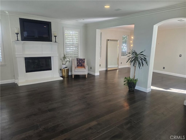 living room featuring crown molding and dark wood-type flooring