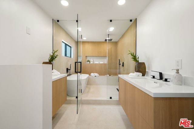 bathroom featuring vanity and plus walk in shower