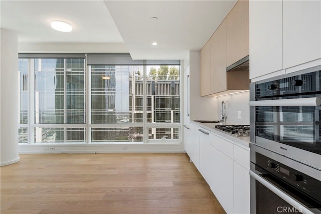 kitchen with appliances with stainless steel finishes, sink, and light wood-type flooring