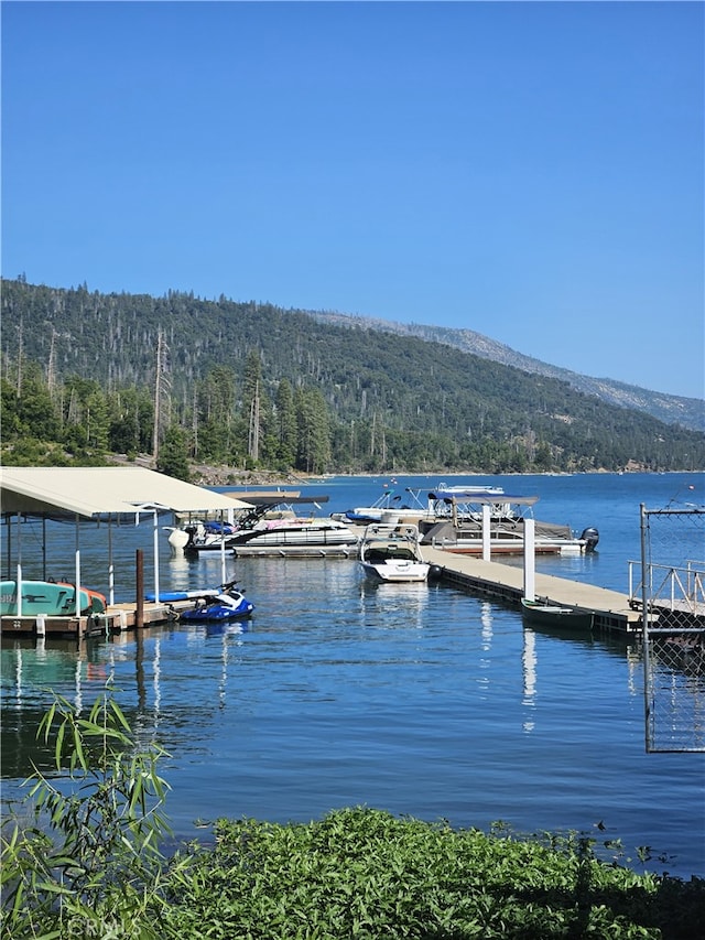 view of dock with a water and mountain view