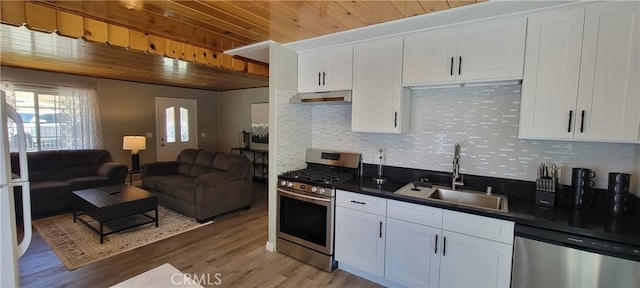 kitchen with exhaust hood, stainless steel appliances, sink, light wood-type flooring, and white cabinetry