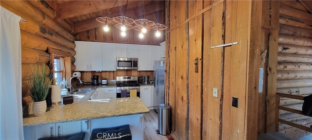 kitchen featuring kitchen peninsula, sink, white cabinets, rustic walls, and appliances with stainless steel finishes