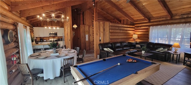 rec room with beamed ceiling, wooden ceiling, dark wood-type flooring, and rustic walls