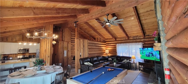 rec room featuring dark hardwood / wood-style floors, lofted ceiling with beams, wooden ceiling, and ceiling fan with notable chandelier