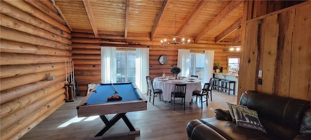 recreation room featuring pool table, wood ceiling, hardwood / wood-style floors, beamed ceiling, and rustic walls