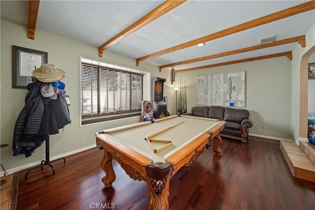 recreation room with beam ceiling, dark wood-type flooring, and pool table