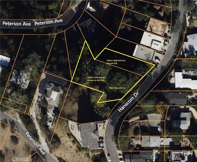 1865 Hanscom Dr, South Pasadena, CA 91030 - aerial map of property and surrounding area featuring property boundaries highlighted