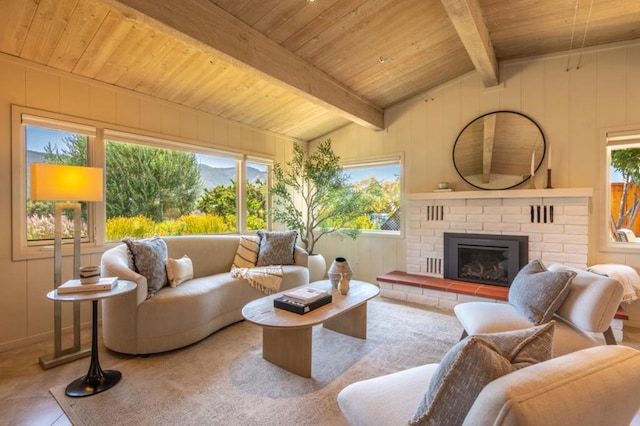 living room featuring a fireplace, lofted ceiling with beams, wooden ceiling, and wooden walls