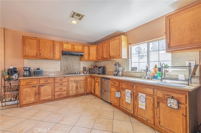 kitchen with sink, stainless steel appliances, backsplash, and light tile patterned floors