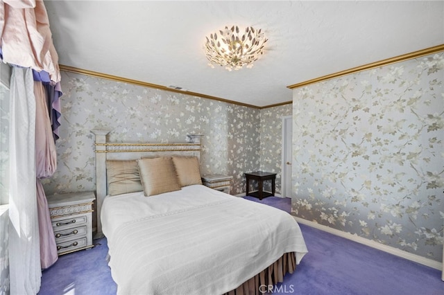 carpeted bedroom with crown molding