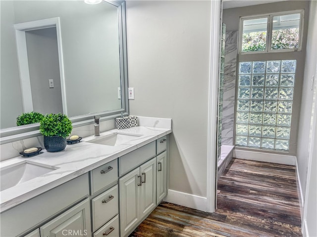 bathroom featuring vanity and hardwood / wood-style floors