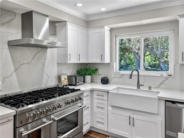 kitchen featuring wall chimney range hood, decorative backsplash, white cabinetry, sink, and stainless steel appliances