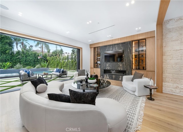 living room featuring light wood-type flooring and a high end fireplace