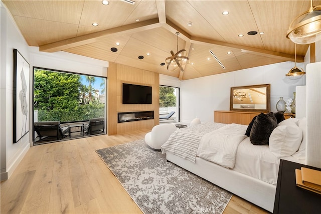 bedroom with multiple windows, lofted ceiling with beams, wood ceiling, and wood-type flooring