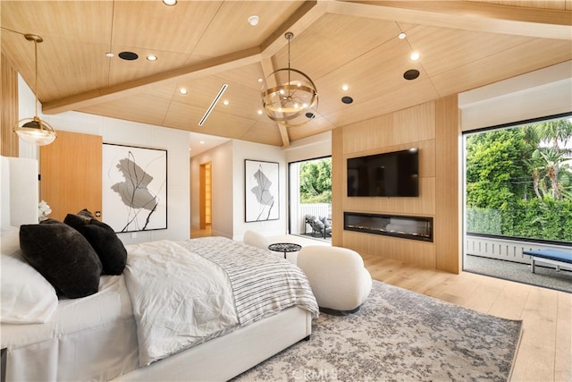 bedroom with wooden ceiling, lofted ceiling with beams, and wood-type flooring