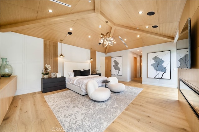 bedroom with beam ceiling, wood ceiling, and light hardwood / wood-style flooring