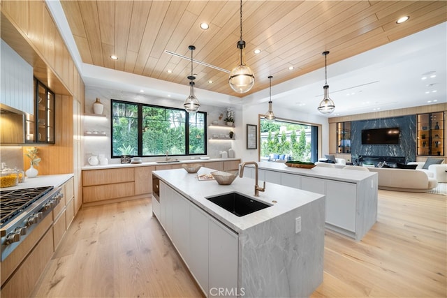 kitchen featuring decorative light fixtures, light hardwood / wood-style floors, sink, and a center island with sink