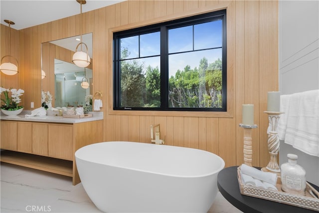 bathroom with a washtub, vanity, and wood walls