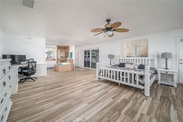 bedroom featuring ceiling fan and light wood-type flooring