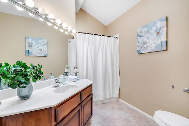 full bathroom featuring tile patterned flooring, vanity, toilet, curtained shower, and lofted ceiling