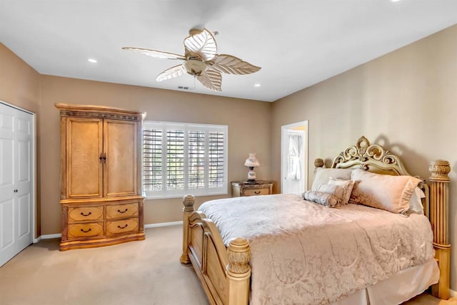 bedroom with visible vents, baseboards, ceiling fan, recessed lighting, and light colored carpet