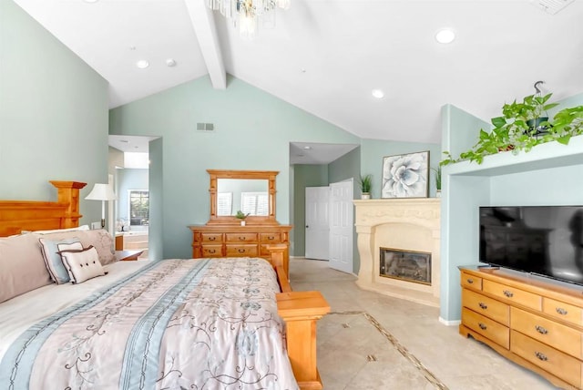 bedroom with visible vents, beam ceiling, high vaulted ceiling, a glass covered fireplace, and recessed lighting