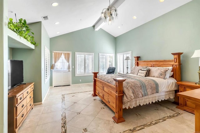 bedroom featuring visible vents, baseboards, high vaulted ceiling, beamed ceiling, and light tile patterned flooring