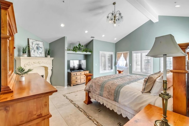bedroom featuring a chandelier, recessed lighting, light tile patterned floors, beamed ceiling, and visible vents