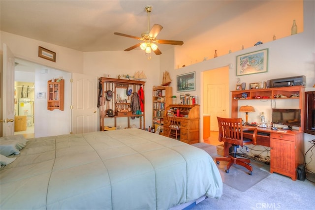 bedroom featuring light colored carpet, high vaulted ceiling, and ceiling fan