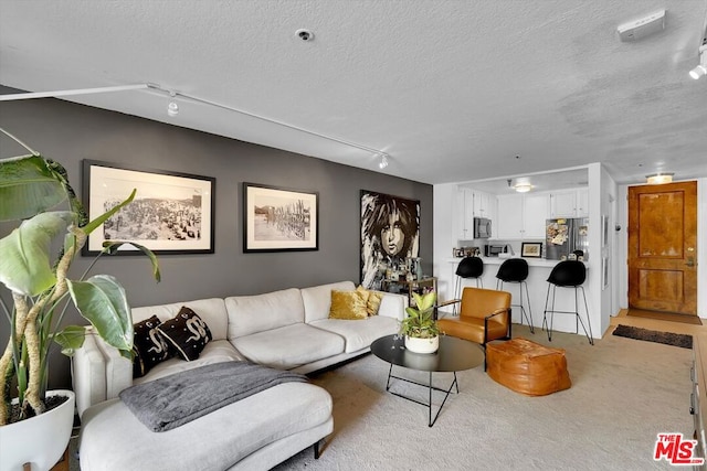 living room with light carpet, a textured ceiling, and rail lighting