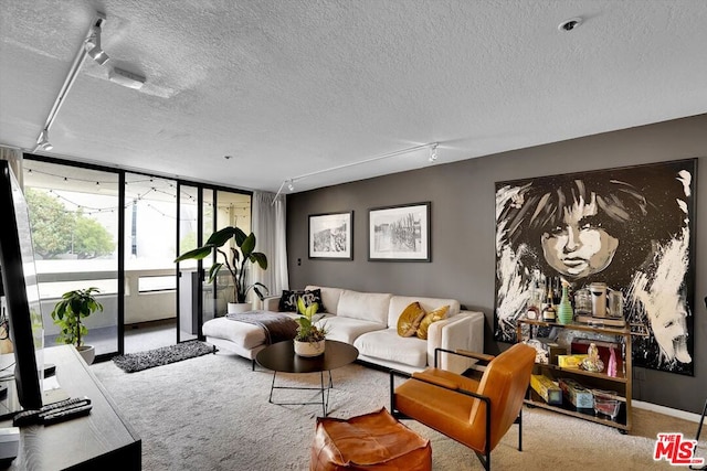 living room with rail lighting, light carpet, a textured ceiling, and floor to ceiling windows