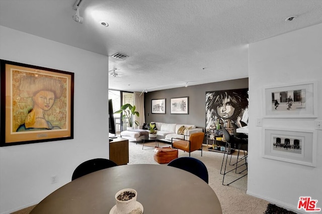 carpeted dining area with a textured ceiling and track lighting