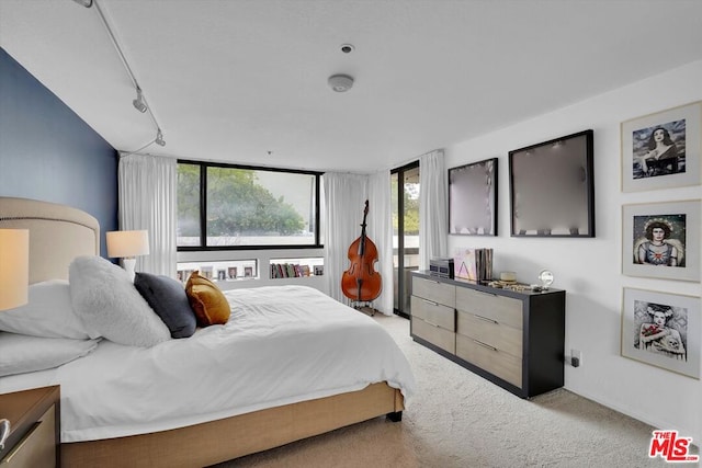 carpeted bedroom featuring rail lighting