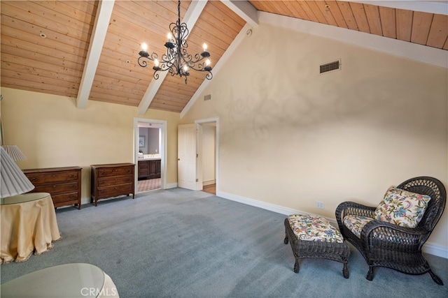 living area featuring high vaulted ceiling, carpet flooring, wooden ceiling, beam ceiling, and a notable chandelier