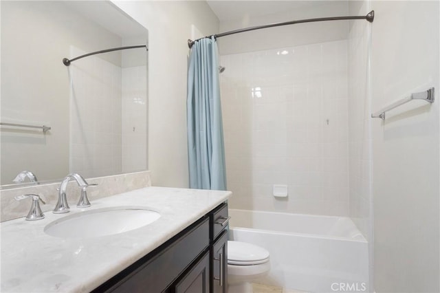 full bathroom featuring toilet, shower / bathtub combination with curtain, and vanity