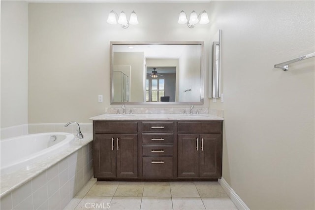 bathroom with ceiling fan, tile patterned floors, vanity, and independent shower and bath