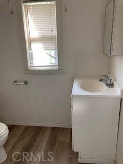 bathroom with hardwood / wood-style floors, vanity, and toilet