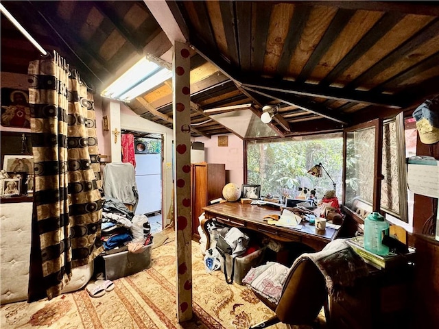 interior space with lofted ceiling with beams