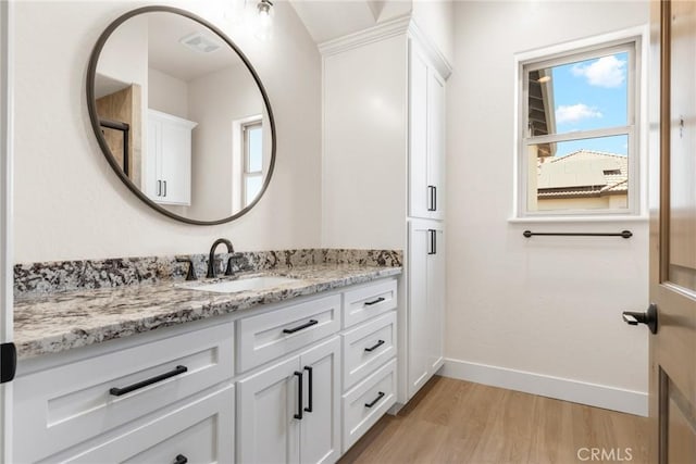 bathroom with wood-type flooring and vanity