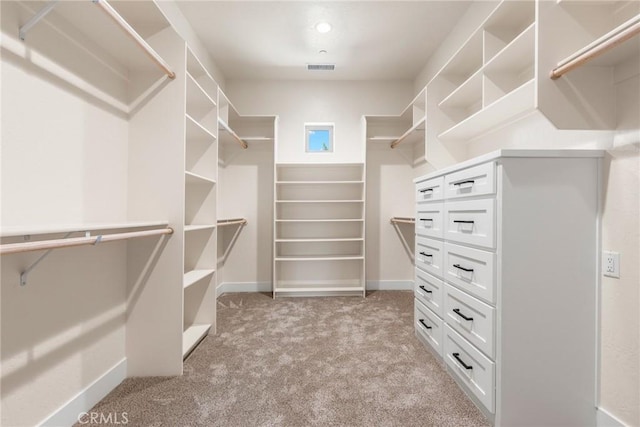 walk in closet with light carpet