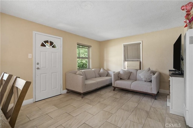 living room with a textured ceiling